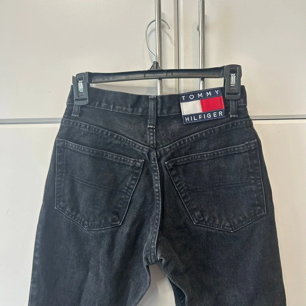 Tommy Hilfiger Vintage High Waisted Black Denim Jeans Straight Leg Flag Logo